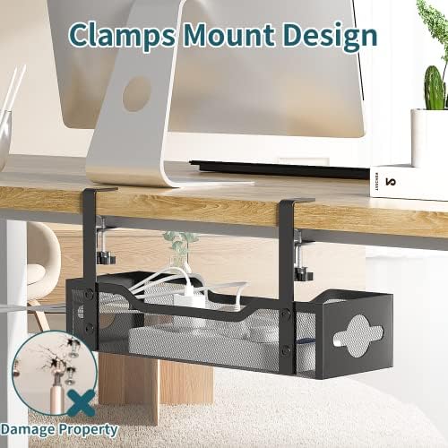 Under Desk Cable Management Tray Black, Litwaro Cable Management Under Desk No Drill, Cable Organizer with Clamp for Wire Management, Cord Organizer No Damage to Desk for Office, Home