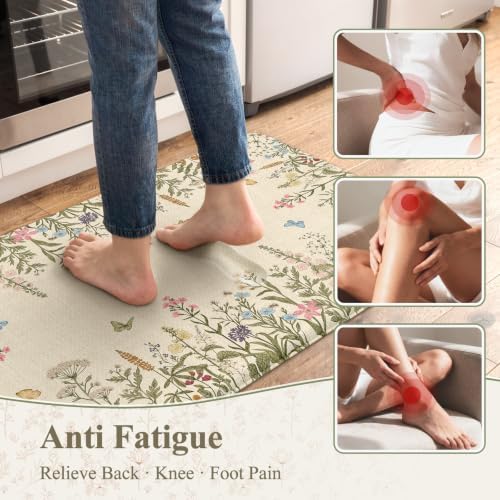 KIMODE Kitchen Mats Cushioned Anti Fatigue 17"x47"+17"x29", Farmhouse Kitchen Mats for Floor 2 Piece, Padded Kitchen Floor Mats Non Slip, Cream Wildflower Standing Mat for Laundry Bath Sink Office