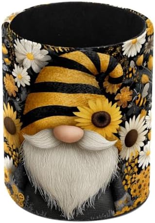 Leather Pen Holder for Desk, Gnome Sunflower Pencil Cup Pen Organizer Makeup Brush Holder for Office Home Kids Countertop Desk Accessory Storage