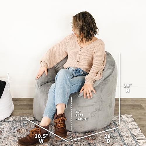 Big Joe Milano Bean Bag Chair for Kids, Teens, Adults, Gray Plush, Ultra-Soft Polyester, Lightweight Seat for Reading Nook and Gaming, 2.5 foot Refillable