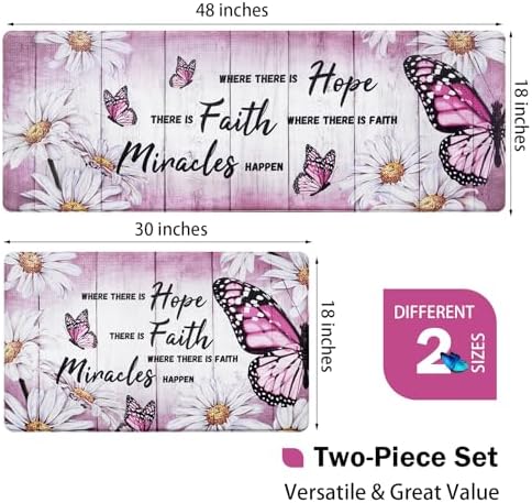 Likiyol Butterfly Kitchen Rugs Sets of 2 Kitchen Mats for Floor Farmhouse Anti Fatigue Mats for Kitchen Floor, Daisy Floral Kitchen Rugs Non Slip Washable Comfort Mat, 18'' x 30''+18'' x 48'', Pink