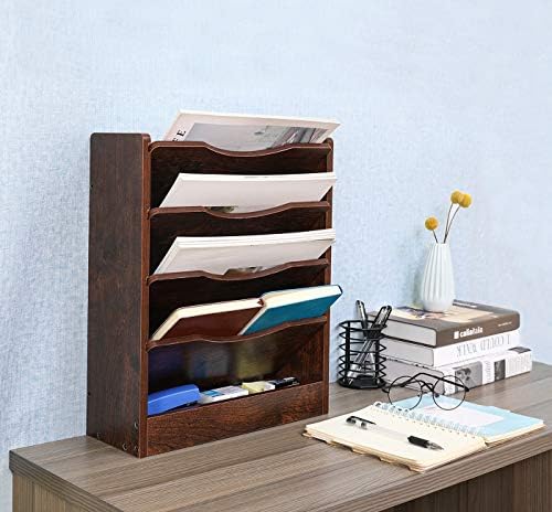 PAG-Mass 5-Tier Wall File Holder Hanging Mail Organizer Wood Magazine Literature Rack with 6 Hooks, Brown