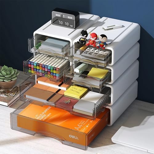 Desk Organizer with Drawers, Stackable Storage Drawers with Compartments Desktop Organization for Office Supplies, Makeup, Pencils, Tape, Erasers, Paperclips, Chargers (White 2S2M)