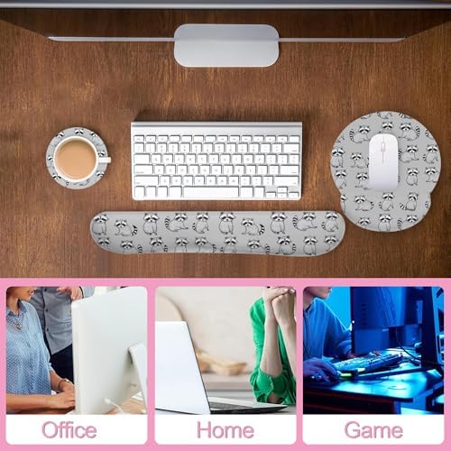Cute Raccoon Ergonomic Wrist Support Keyboard Mouse Wrist Rest Set, Computer Office Comfortable Wrist Rest for Mouse Easy Typing