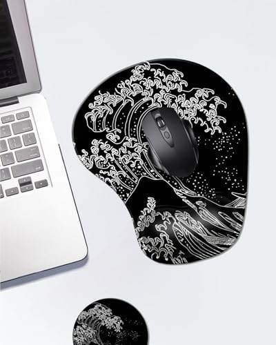 Ergonomic Mouse Pad with Wrist Rest,Comfortable Computer Gel Mouse Pad Wrist Support for Laptop,Pain Relief Mousepad with Non-Slip PU Base Japanese Wave