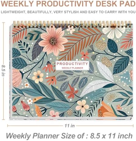 Weekly Productivity Planner - 8.5" x 11" Dashboard Desk Notepad Has 6 Focus Areas to List Tasks for Goals, Projects, Clients, Academic or Meal-Organize Your Daily Work Efficiently, 54 Weeks, Flower-A