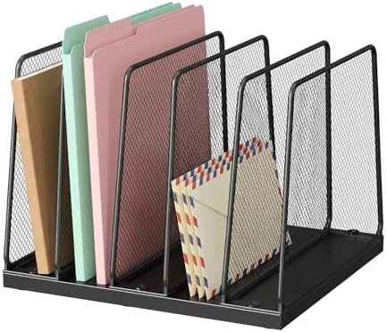 LEKETREE Desk File Organizer, 5-Section Upright File Sorter, Vertical File Folder Holder, Mesh Metal Wood Office Desktop Organization for Document, Magazine, Books and more (Black)