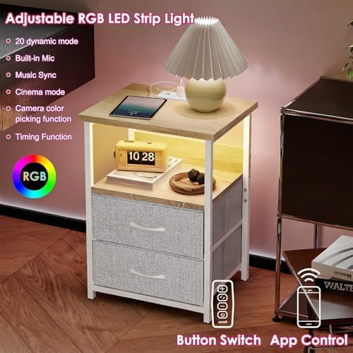 Fixwal Night Stand with Charging Station, Led Nightstand, 2 Fabric Drawers