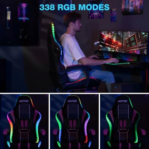HOFFREE LED Gaming Chair with Bluetooth Speaker RGB Light Game Chair-Purple