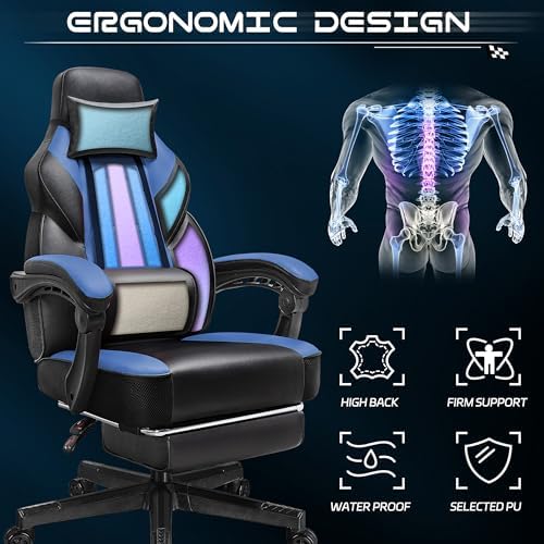 Gaming Chair for Adults, Video Game Chair with Footrest, Big and Tall Gaming Chair Heavy Duty Computer Chair with Massage Lumbar, Ergonomic Adjustable Height and 360° Swivel Seat, PU Leather, Blue