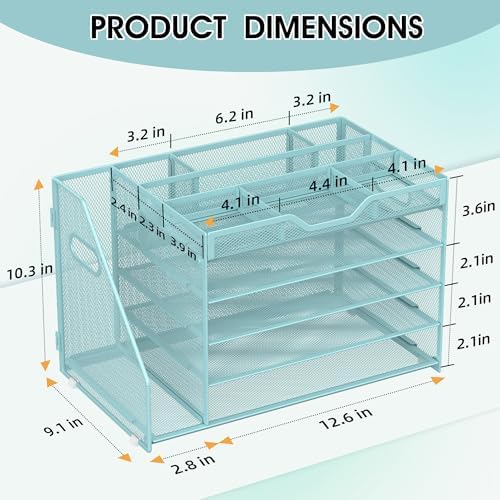 5 Tier Paper Letter Tray Desk Organizer with Pen Holders - Blue