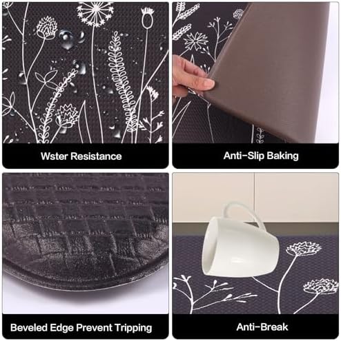 Mirok Washable Anti Fatigue Mat for Cushioned Floor Mats,Floral Plants Non-Skid Ergonomic Comfort Foam Rugs,Non Slip Kitchen Rug(Flowers/Grass,17"x29")