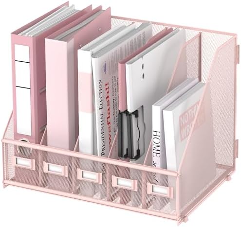 SUPEASY Desk Organizers Metal Desk Magazine File Holder with 5 Vertical Compartments Rack File Organizer for Office Desktop, Classroom, Home Workspace, Pink Plus