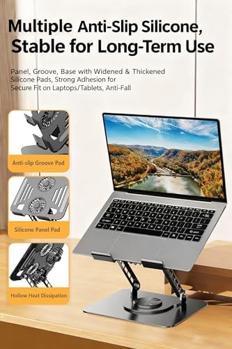 Laptop Stand for Desk with Quiet Cooling Fans - 360 Rotating Base Ergonomic Computer Stand, Aluminum Laptop Riser Foldable Protable for Office Home fits MacBook Air Pro, Dell, HP (10-17.3'') (silver)