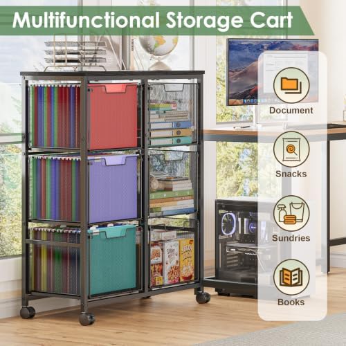 Sbanmao 6 Drawer Lateral File Cabinet with Wheels, Mobile File Cabinet & Printer Stand, Heavy Duty Wood Top for Large Printers, Under Desk Storage Cabinet Fits Letter Size Files for Home Office, Black