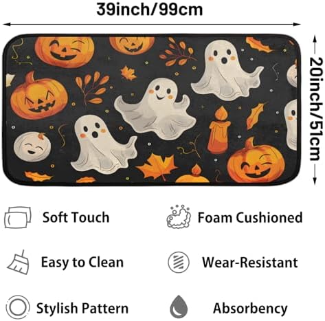 Kitchen Mats, Halloween Boo Pumpkin Kitchen Rugs, Cushioned Anti Fatigue Kitchen Mats, Non-Slip Standing Desk Mat, Absorbent Kitchen Rug for Floor, Kitchen, Office, Sink, 20"×39"