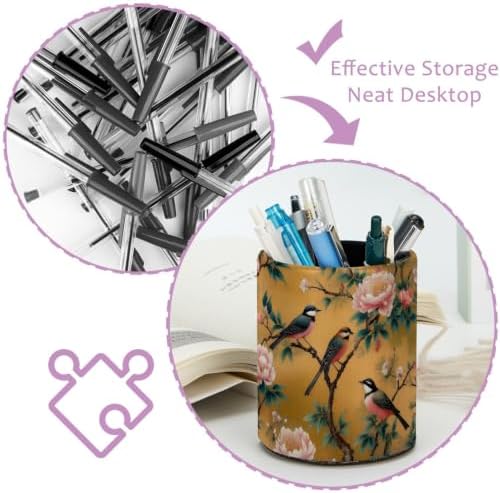 Leather Pen Holder for Desk, Peony Bird Pencil Cup Pen Organizer Makeup Brush Holder for Office Home Kids Countertop Desk Accessory Storage
