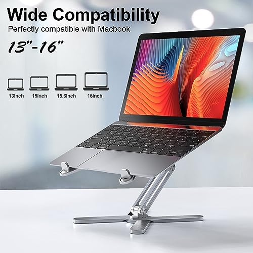 LIENS Adjustable Laptop Stand with 360 Rotating Base, Aluminum Laptop Riser for Desk Foldable, Ergonomic Notebook Stand Holder Compatible with iPad and MacBook/All Laptops up to 16 inches - Silver