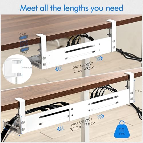 No Drill Under Desk Cable Management Tray, 17”-30” Retractable Cord Organizer for Table, Clamp Mount Wire Basket, Power Strip Holder & Metal Cord Organizer for Office, Home, White