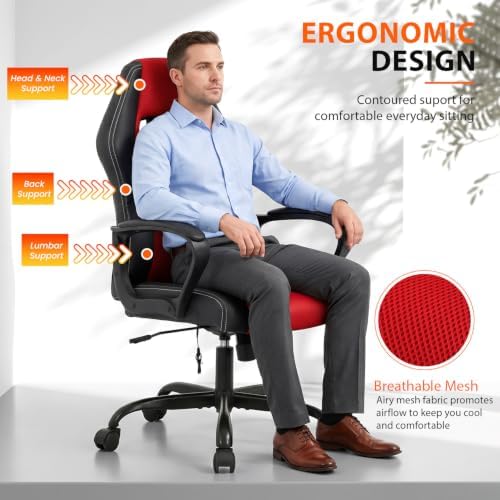 Gaming Chair Ergonomic Office Chair Racing Desk Chair Massage PU Leather Adjustable Chair with Lumbar Support Headrest Armrest Task Rolling Swivel Computer Chair for Adults(Red)
