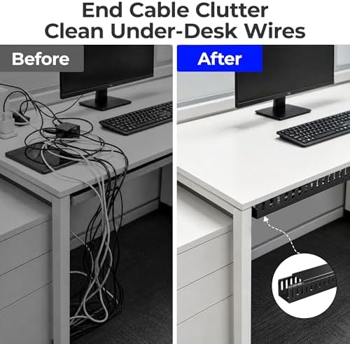 Yecaye 2 Pack Cable Management, 31in X-Large PVC Under Desk Cable Management, No-Drill Cord Hider Open Slot Wire Raceway for Computer/TVs/Networks, Cord Organizer Black
