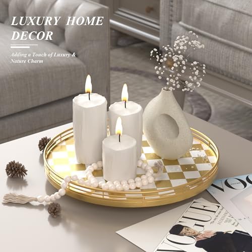 AMH 13-Inch Gold and White Checkerboard Lazy Susan with Rubberwood Base