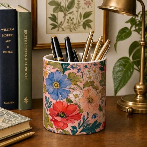 Pen Holder for Desk Ceramic Pencil Cup, Cute Makeup Brush Desk Organizer, Desk Accessories, School Supplies, Teacher Appreciation Gifts, Birthday Christmas Gift for Women (Pink-Flower)