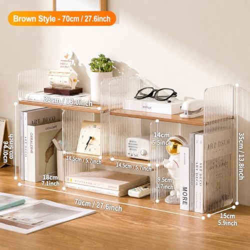 BYCY Expandable Desktop Shelf Organizer, Adjustable Wood Display Shelf with Acrylic Side Board, Office Storage Rack Desk Book Organizer for Home Decor, Office(Solid Brown)