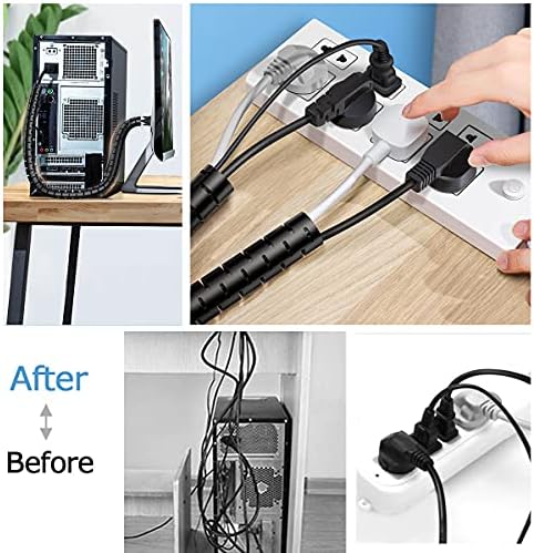Large PC Cable Management Tube Sleeve Under Desk Wire Organizer for Cords 2 PCS Black, 1.1 inch -5 ft EZ Spiral Cable Wrap Cover Bundler w/Clips for TV Office, Pet Proof Cable Protector