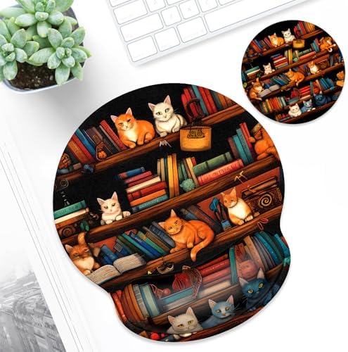 ITNRSIIET Ergonomic Mouse Pad with Wrist Support Wrist Rest Smooth Surface Non-Slip Rubber Base Comfortable Office Supplies Pain Relief, 9.8 x 9.1 inches, Cat on the Desk