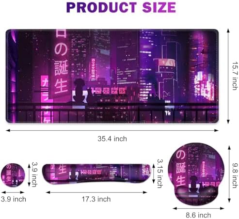 Gaming Mouse Pad, Large Desk Mat, Cute Desk Pad, 4in1 XXL Mousepad + Keyboard Wrist Rest+Mouse Wrist Rest+Coaster Set with Ergonomic Desk Pad for Home Office Table Computer, Purple Anime Neon
