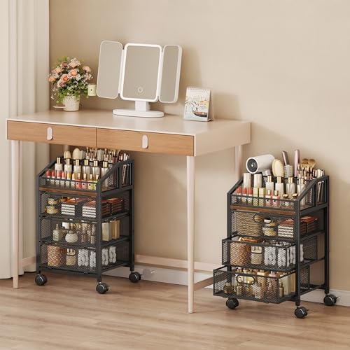 HapiRm Rolling Makeup Organizer Cart- Under Desk Vanity Storage with 3 Drawers, Floor Nail Cart Skincare Organizers Cosmetics Display Cases for Nail Polish Perfume Makeup Brush Hair Tool, Black