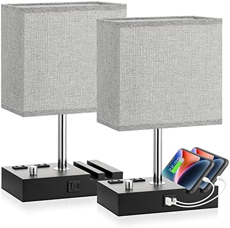 Kakanuo Grey Bedside Table Lamps Set of 2 - Dimmable, USB C+A, 2 AC Outlets