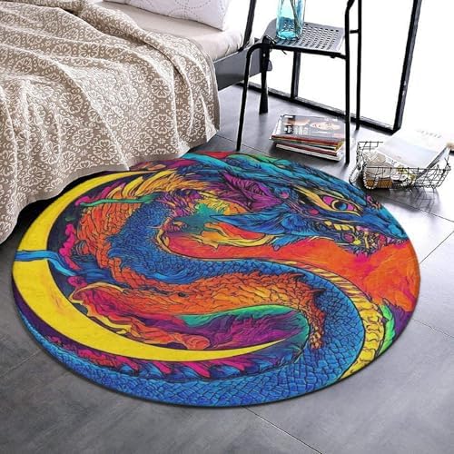 Large Round Area Rug Home Decor Modern Bathroom Rug Kitchen Office Circle Rug for Living Room Sofa Circle Cute Mat Mystery Dragon Trippy Art, 36inch
