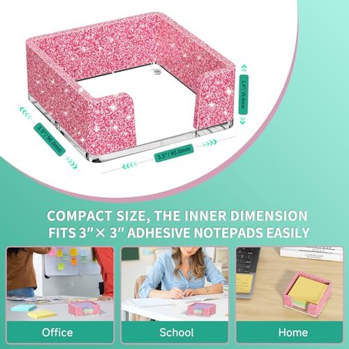 Sticky Note Holder, Glitter Pink Acrylic Notepad Holder 3x3 in Self-Stick Note Dispenser Office Desk Accessories, Memo Pad Holder Organizer for Classroom School Supplies