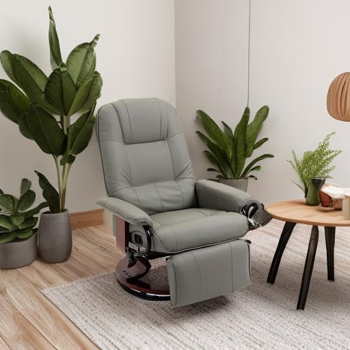 HOMCOM Swivel Recliner Chair, PU Leather Reclining Armchair with Retractable Footrest, Lounge Chair with Wood Base and Adjustable High Back for Small Spaces, Living Room, RV, Bedroom, Gray