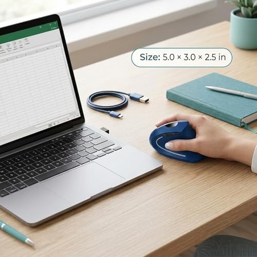 Ergonomic Vertical Wireless Mouse, 2.4G Optical Mouse with USB Receiver, 800-1600 DPI, Silent Click, Battery Powered, 5 Buttons, Stylish Comfortable Mouse for Laptop, PC, Mac, Computer (Blue)