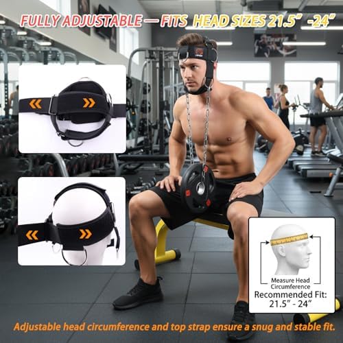 Adjustable Neck Harness for Resistance Bands & Weightlifting, Head Strap with 6 D-Rings for Multi-Directional Neck Training, Padded Chin Support for Athletes & Rehab Exercises