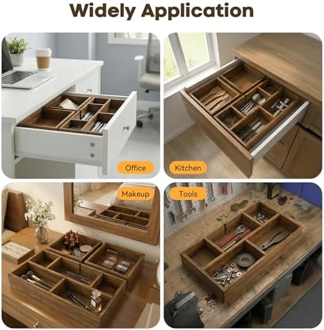 KOCWELL Bamboo Desk Drawer Organizer with Removable Dividers,Multi-Use Office Drawer Organizer Tray,Junk Drawer Organizers for Office,School,Kitchen,Makeup Supply（Carbon Brown）
