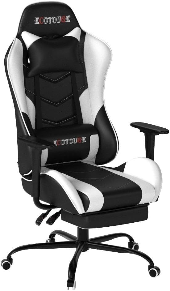 ECOTOUGE PC Massage Gaming Chair with Footrest Ergonomic Office Desk Chair Racing PU Leather Recliner Swivel Rocker with Headrest and Lumbar Pillow,White