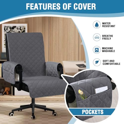 H.VERSAILTEX Water-Resistant Office Chair Protector – Universal High-Back Cover with Non-Slip Buckles, Fits Executive & Desk Chairs (Grey/Beige, Washable)