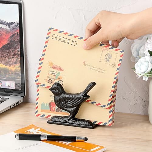 BTSKY Cast Iron Mail Organizer Countertop, Heavy Duty Desk Mail Holder for Letters & Documents, Vertical Envelope Sorter for Home Office, Bill Rack - Black, Bird Shape
