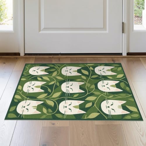 2'x3' Green Cat Forest Faces Interlinked by Washable Doormat