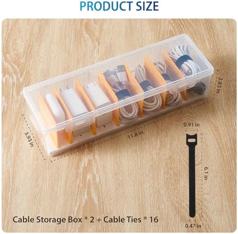 2 Pack Cable Organizer Storage Box with 16 Cable Ties, Clear Phone Charger Organizer Case Wire Organizers for Cords Electronic Storage Box for Drawer Desk Office Home