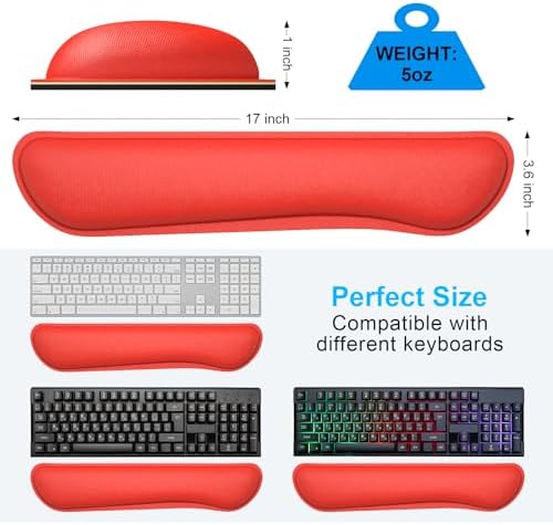 Dapesuom Enlarge Keyboard Wrist Rest, Cute Memory Foam Keyboard Wrist Cushion for Computer Desk Mats Support, Typing Pain Relief Ergonomic Mouse Pad Rests with Non-Slip Base for Gaming, Laptop, Red