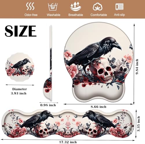 Keyboard Wrist Rest and Mouse Pad Wrist Support with Lace-Shaped Coaster Set, Ergonomic Gel Memory Foam and Anti-Slip Base, Easy Typing and Pain Relief - Rose Skeleton