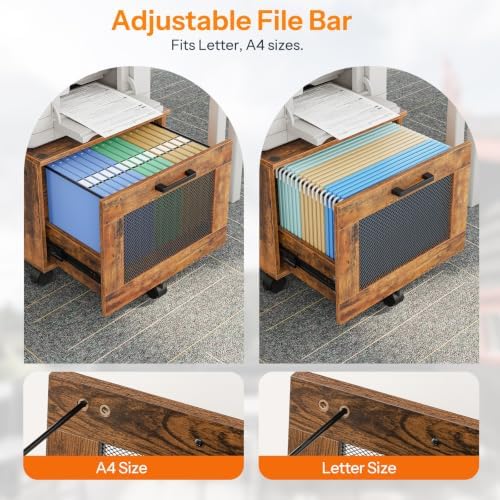 HOOBRO File Cabinet, Rolling File Cart, Under Desk Small Filing Cabinet, File Organizer Box, Home Office File Basket with Drawer for A4, Letter Files, Rustic Brown and Black BF11WJ01G1
