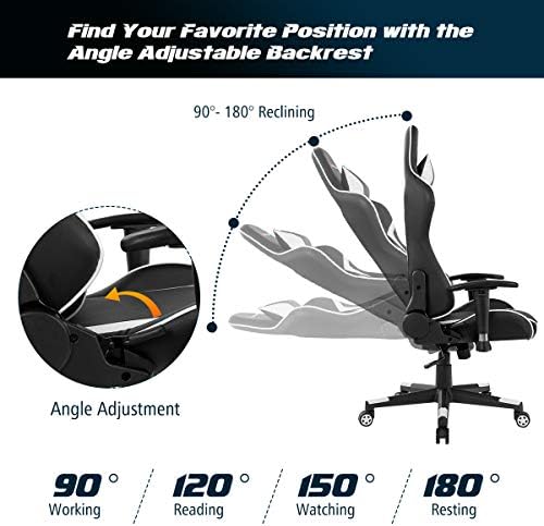 POWERSTONE Gaming Chair - Office Computer Gaming Racing Chair with Lumbar Massager Support PU Leather Adjustable Arms Headrest High-Back Recliner Ergonomic Rolling Swivel (White)