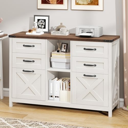 Halitaa Farmhouse Lateral File Cabinet with 6 Drawers, White and Brown