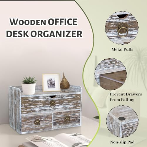 Wood Desk Organizer with Drawer, Washed Brown Wooden Desktop Organizer, Tabletop Storage Organization Box for Countertop, Home Office Supplies (3 Drawer and Shelf)